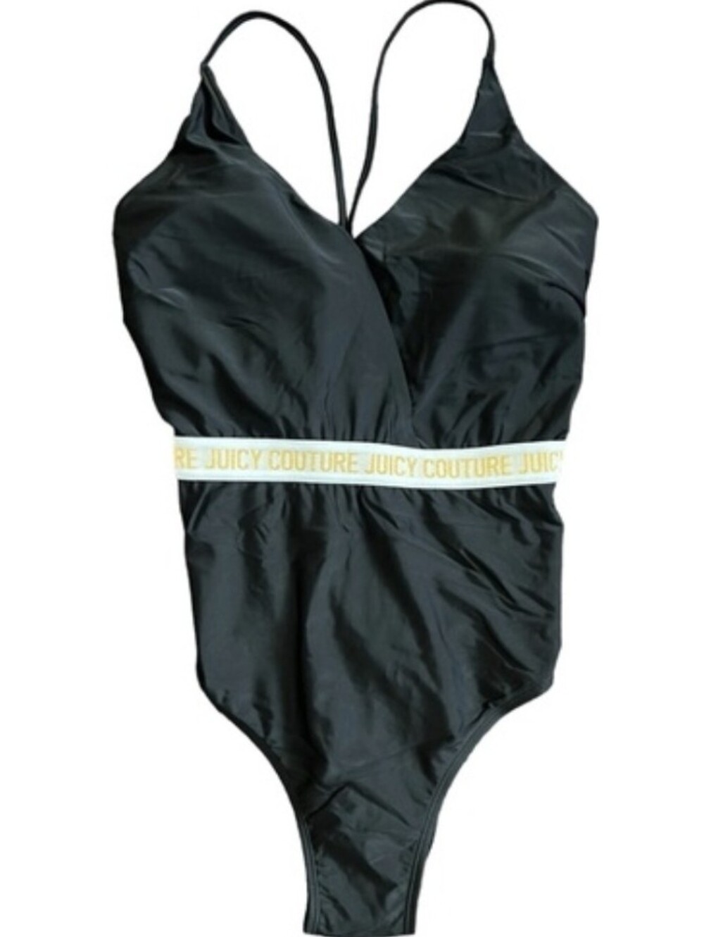 Juicy Couture Black One-Piece Swimsuit with White and Yellow Logo Band Sz.L